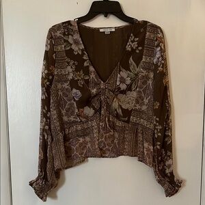 American Eagle Outfitters Brown Ruffled Tie Front Blouse